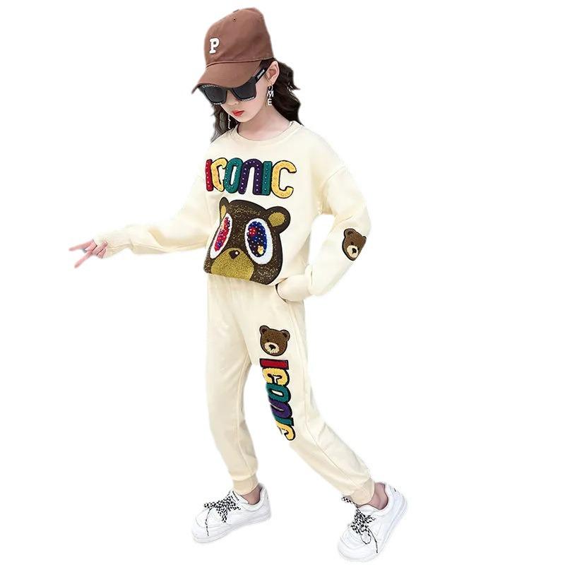 Girls' Trendy Spring Two-Piece Suit: Stylish Sweater & Print Sports Leisure Set