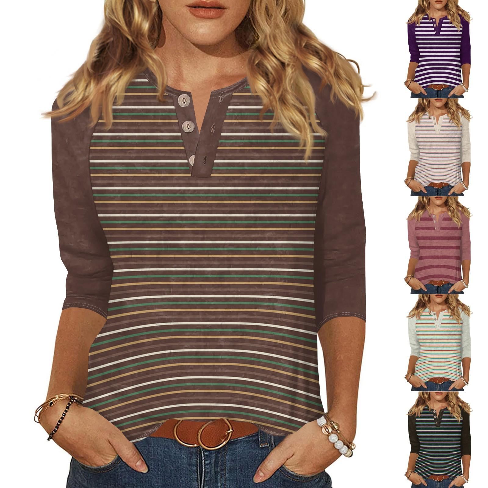 

Жіноча футболка з принтом на ґудзиках з рукавами 3/4, щоденна мода на вихідні, звичайний топ із V-подібним вирізом XXXL бежевий