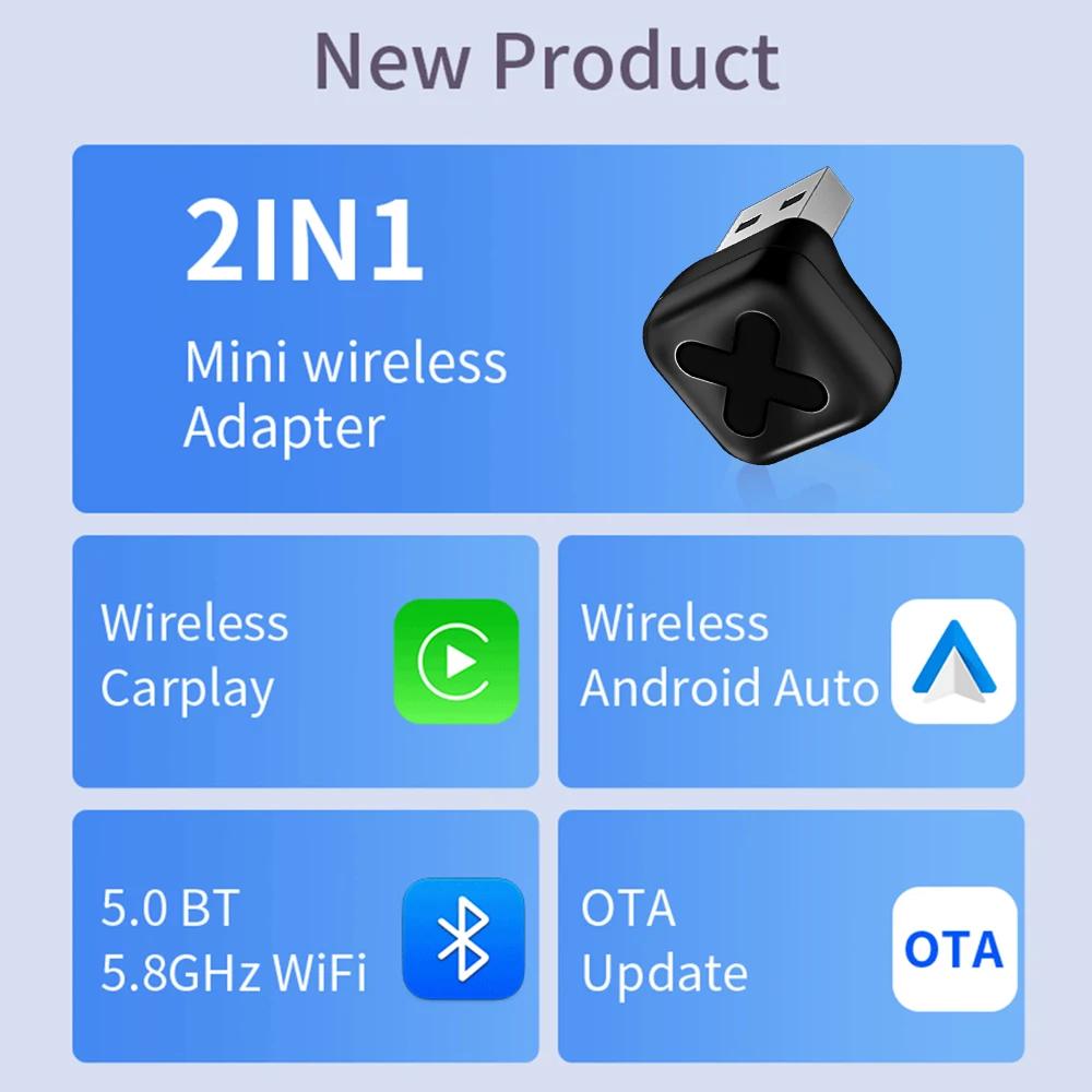 NEW 2in1 Wired To Wireless CarPlay Mini Box Android Auto Adapter BlueTooth WiFi Connect Plug&Play For USB/Type C Dongle