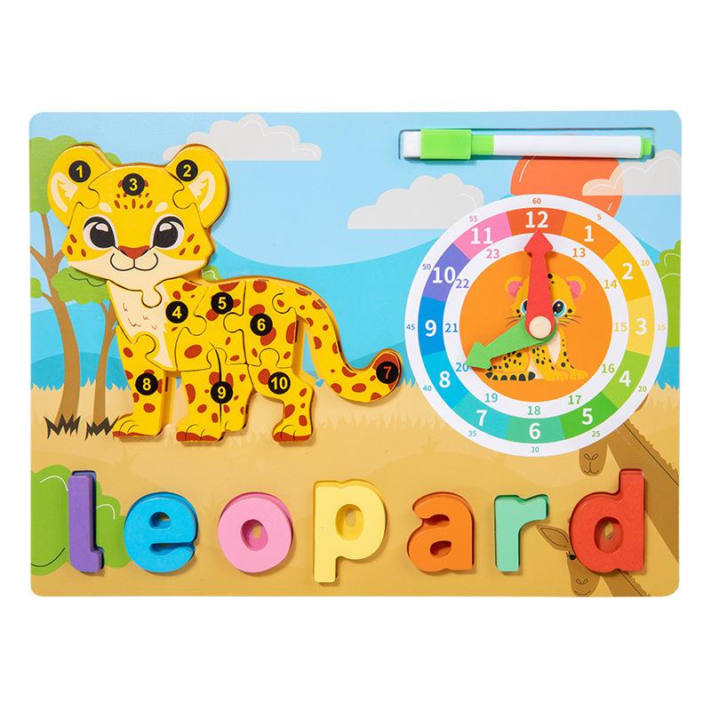 

Non-Toxic Montessori Educational Toys 2 In 1 Wooden Drawing Spelling Board Animal Time Clock Cognition Game Children For Kids Early Learn