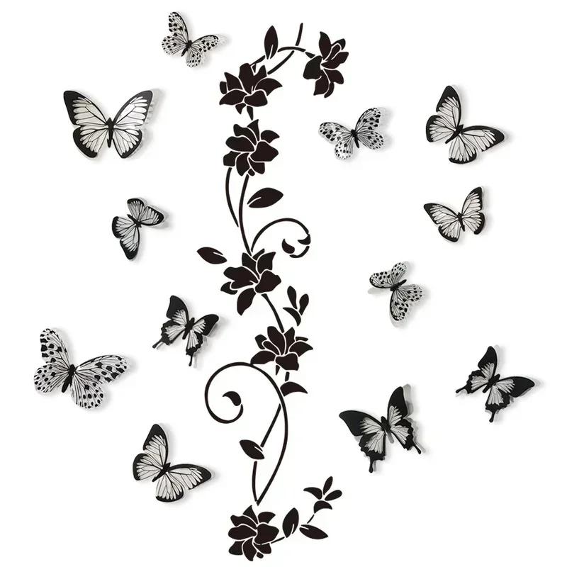 Creative 3D Butterfly Wall Sticker Black Flowers Vine Strips Living Room Background Room Wall Sticker Dark Style Home Decoration