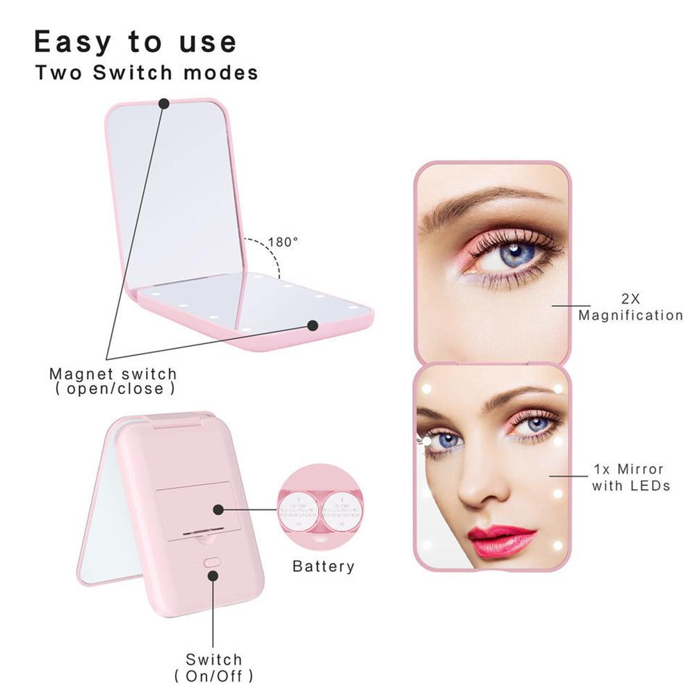 Pocket Mirror Magnification LED Compact Travel Makeup Mirror Compact Mirror with Light Purse Mirror 2-Sided Folding Handheld