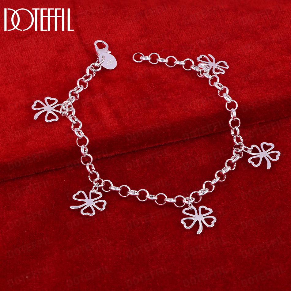 925 Sterling Silver Fashion Four Leaf Clover Bracelet Wedding Jewelry