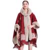 Womens Oversized Plaid Knit Cape Shawl With Fleece Lining Fur Trim Hooded Wrap Coat Winter