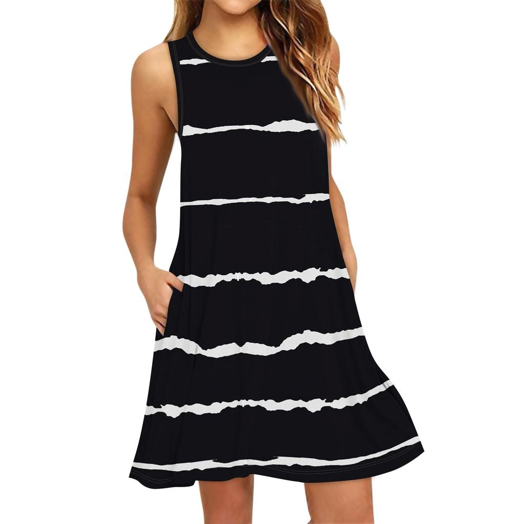 Women's Fashion Beach Dress Sleeveless Round Neck Stripe Print Dress