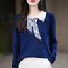 Women's French Polo Collar Knit Shirt with Scarf, Color Block Long Sleeve Autumn Sweater