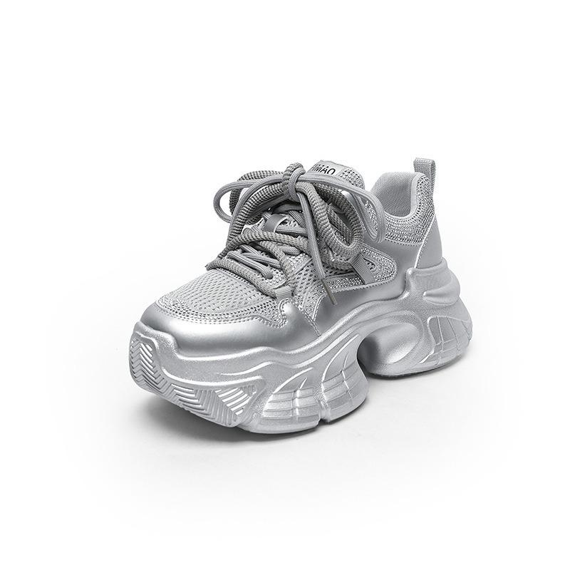 7 Inner Height Increase Dad Shoes Women's Spring and Summer Rhinestone Muffin Thick-soled Small Leather Casual Sports Shoes