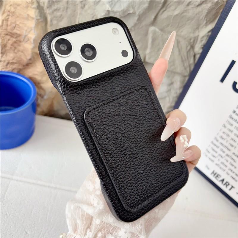 Solid Color Lychee Grain PU Leather Wallet Case For iPhone 12 13 14 15 16 17 Pro Max Luxury Card Slot Hard Protective Back Cover
