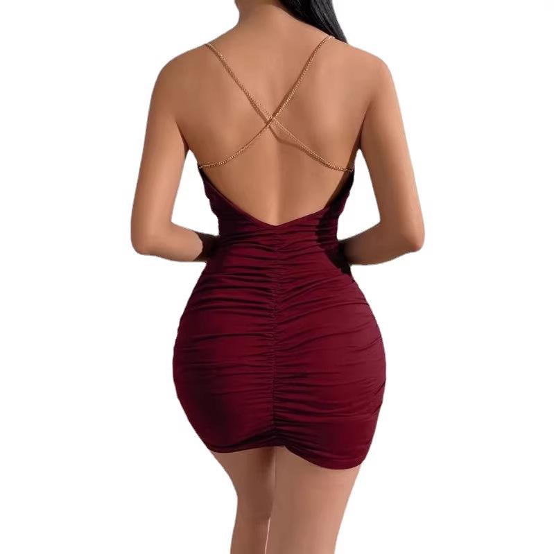 Spring Summer Women’s Silk-finish Draped Collar with Chain Detail Criss-cross Open-back Pleated Strapless Top Sweet and Fresh Dress