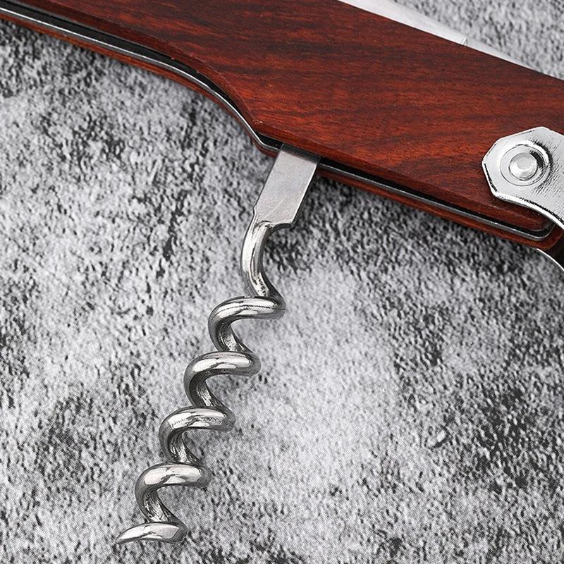 Abridor de Botellas de Vino Portátil con Mango de Madera Profesional Sacacorchos Multifunción de Acero Inoxidable Abridor de Botellas de Cerveza Herramienta de Cocina Bar