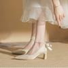 Woman Footwear Beige Pearl Wedding Bride Shoe High Heels Pointed Toe Block Heel Shoes for Women Non Slip Fashion  High Heels