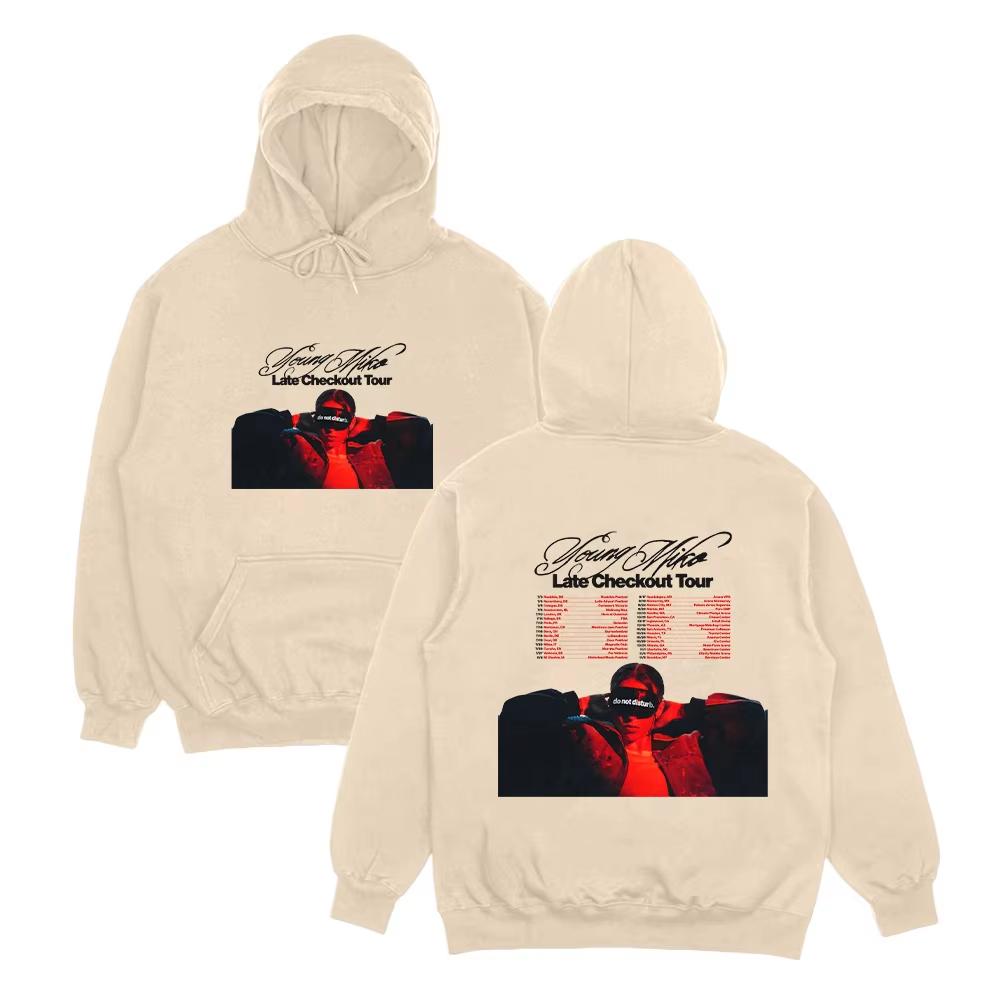 Jonge Miko Late Checkout Tour Grafische Print Hoodies Mannen Vrouwen Jonge Miko Late Checkout Tour Sweatshirts Oversized Pullover