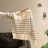 Striped Semi-open Neck Knitted Pullover Sweater Jacket Autumn and Winter Loose Design Long-sleeved Top