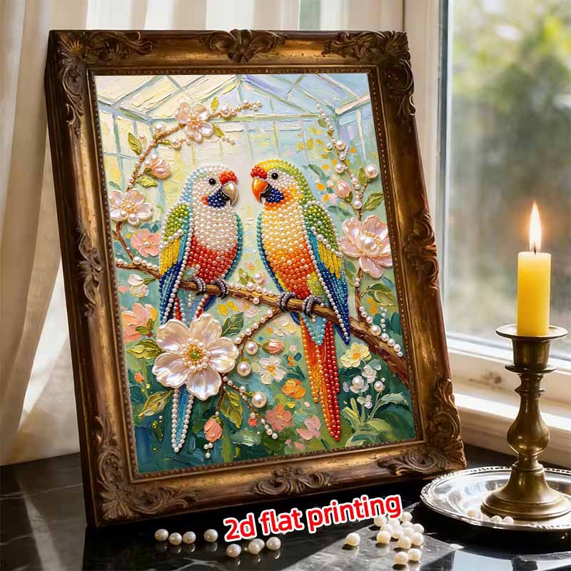 Frameless DIY Pearl Bead Painting Kit Two Parrots Pattern Creative Relaxing Craft Canvas Home Decor Adult Gift