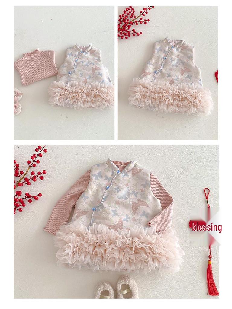 2025 Girls' Chinese Style Layered Winter Dress with Oblique Collar - Retro New Year Outfit