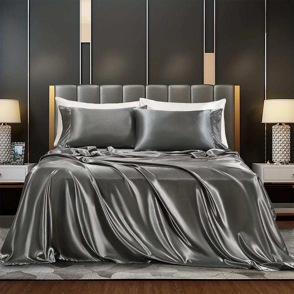 3/4Pcs Luxurious Satin Fitted Sheet Set Soft, Breathable, And Gentle On Skin Includes Flat Sheet, Fitted Sheet,Pillowcases