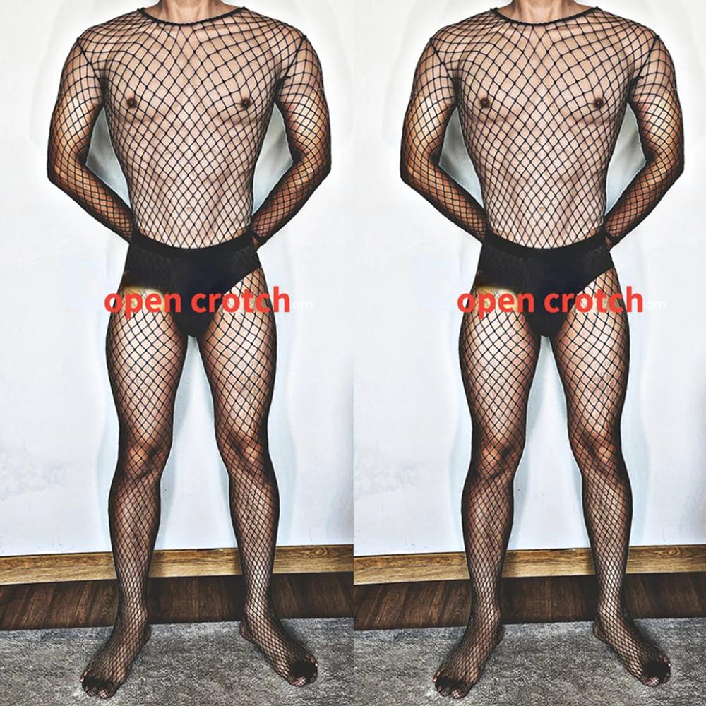 Men'S Sexy Underwear One-Piece Fishnet Full Body Stockings Gay Erotic Mesh Perspective Tight Lingerie Sissy Clothes Nightdress