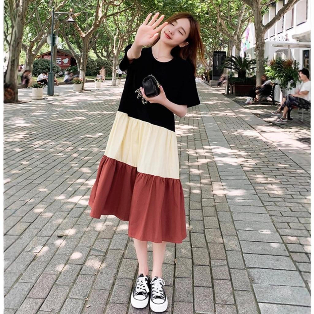 Women's Crew Neck Short Sleeve A Line Midi Dress Loose Fit Colorblock Casual Dresses