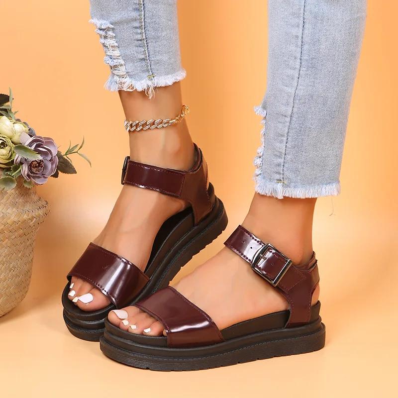 Fashion Women's Leather Sandals One-word Belt Buckle Roman Shoes Ladies Open Toe Flat Sandal Shoes Beach Holiday Sandals Sandalias