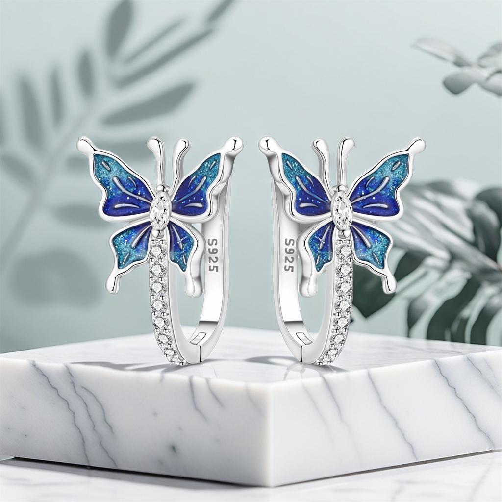 S925 Silver Dreamy Blue Butterfly Earrings Hoop Earrings Women Jewelry Trendy Anniversary Gifts