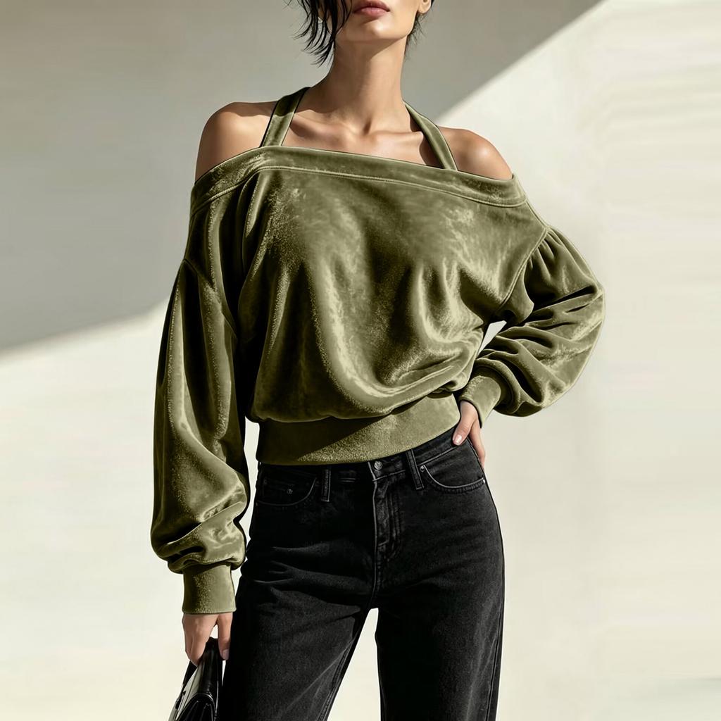 Women's Velvet Off-Shoulder Long Sleeve Loose Sleeve Casual Sweatshirt