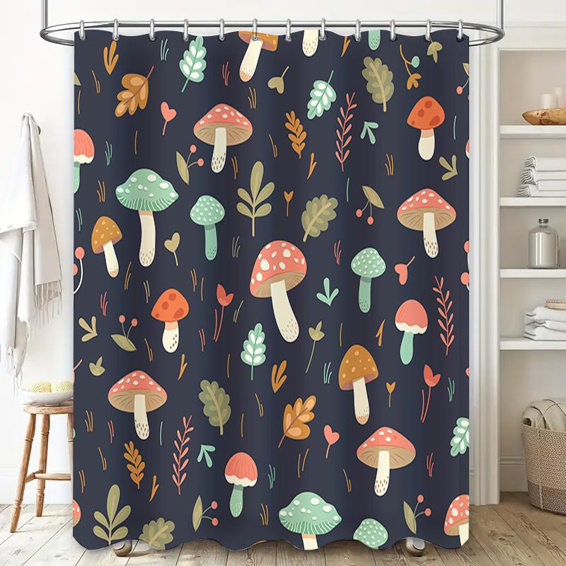 Vintage-Inspired Bathroom Decor With A Whimsical Mushroom Pattern Navy Blue Shower Curtain Set For Home Accents In Various Sizes