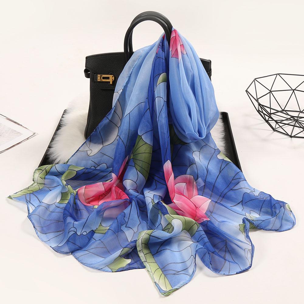 Chiffon Lotus Print Long Scarf - Lightweight, Thin Spring/Autumn Silk Accessory for Middle-Aged & Elderly
