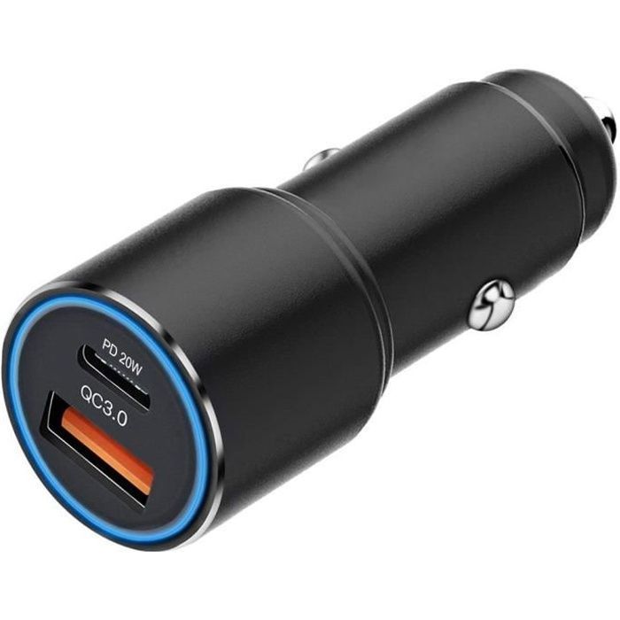 38W Car Charger Cigarette Lighter 2 USB-C and USB-A Ports Fast Charging - Black
