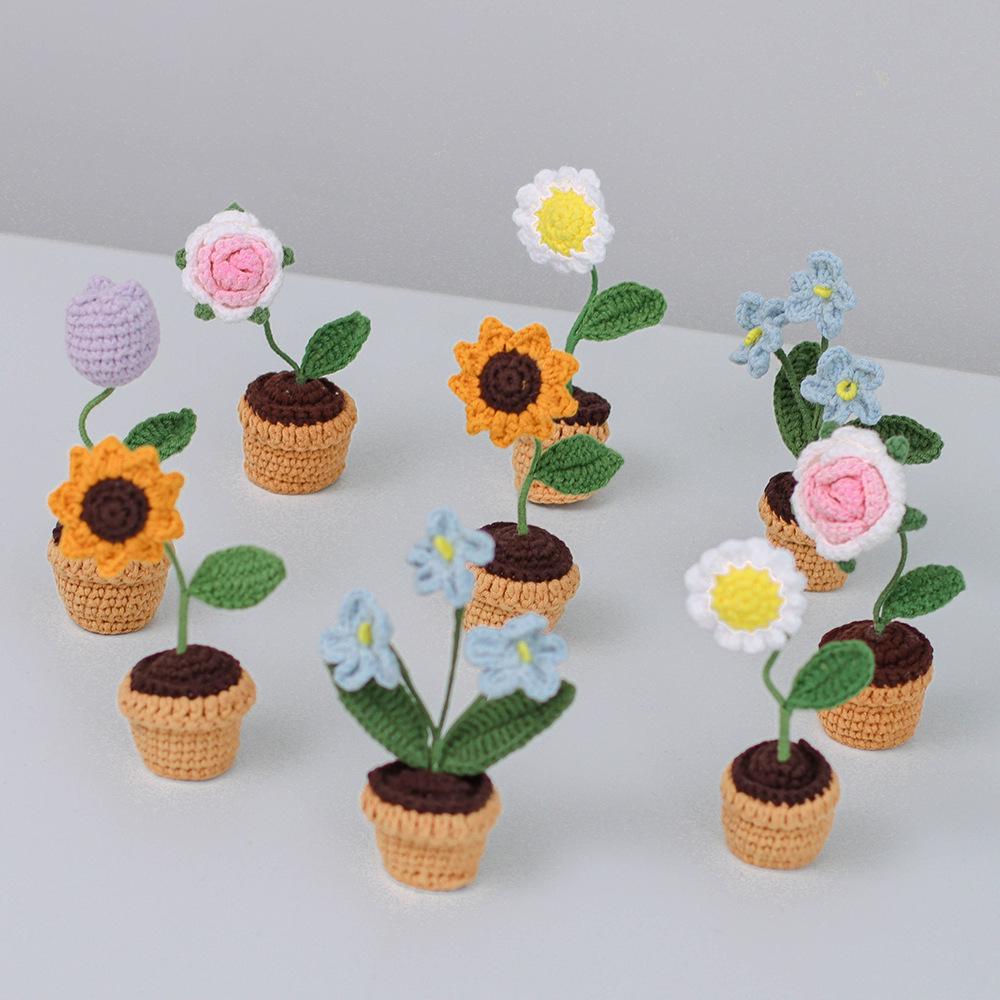 Crocheted Wool Flowers in Pots - Everlasting Indoor Ornaments for Car or Home