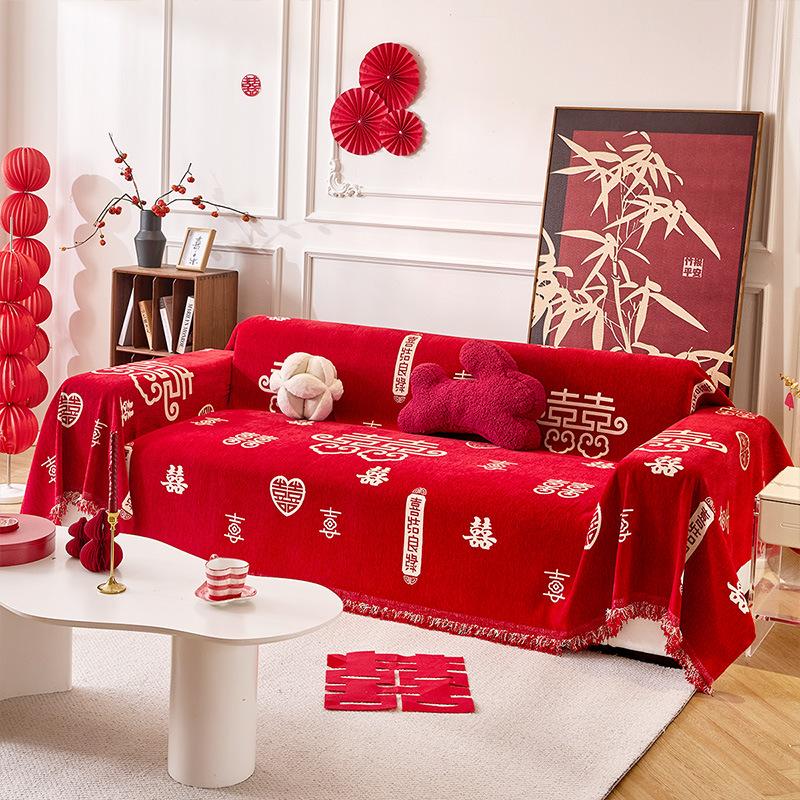 New Red Chenille Sofa Towel For Festival Soft Anti Cat Scratch Sofa Cover For Living Room Printed Couch Cushion For Four Seasons