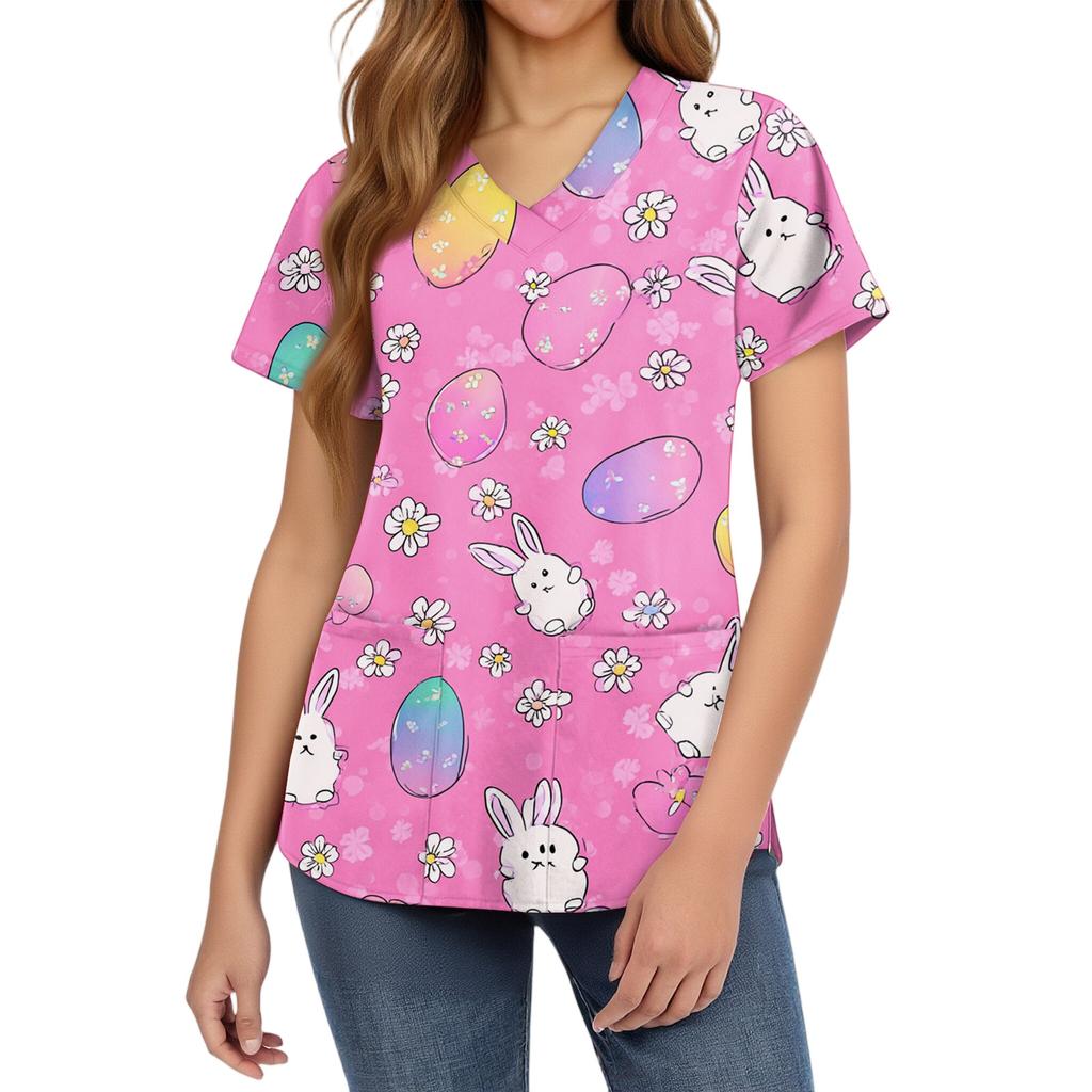 Μοντέρνα γυναικεία δουλειάς με V λαιμόκοψη, κοντό μανίκι και τσέπες, μπλούζα με πασχαλινό σχέδιο, στολή φροντίδας.