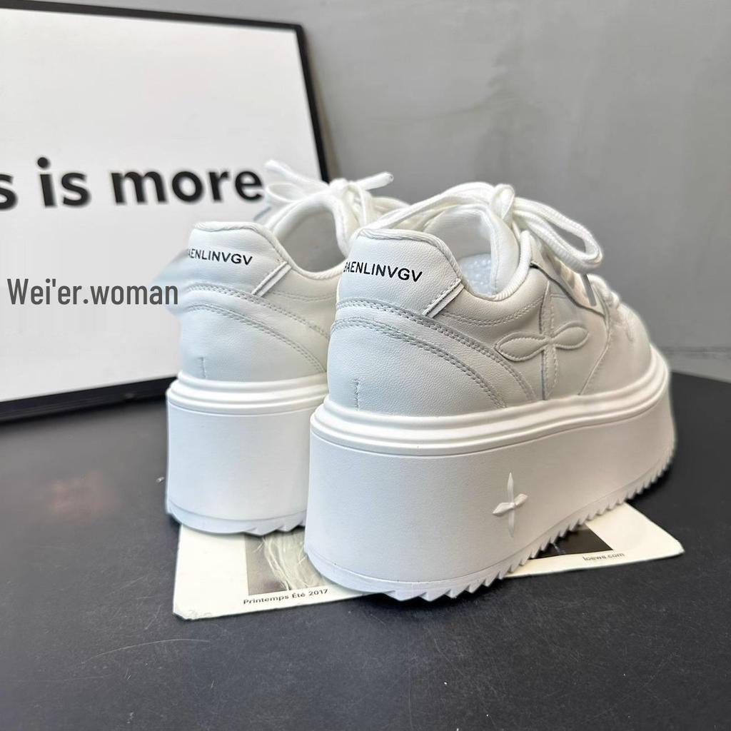 Versatile Lace-Up Platform Sneakers for Women - Height-Increasing, Trendy White Shoes for Spring & Autumn 2025