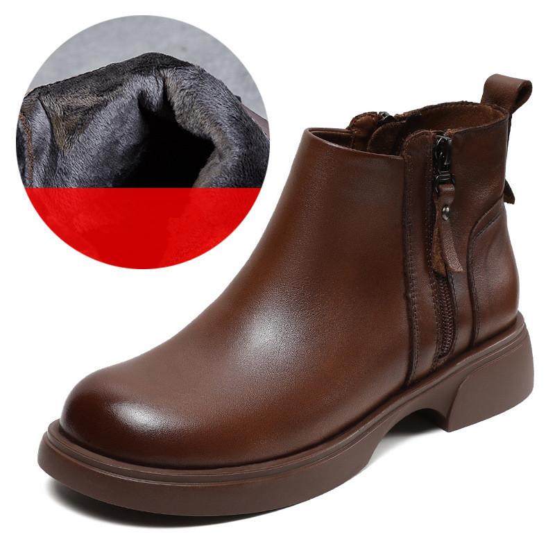 

Johnature Британский стиль Натуральная кожа Ботильоны с молнией сбоку Плоские короткие ботинки Челси Женская обувь 39-Plush коричневый