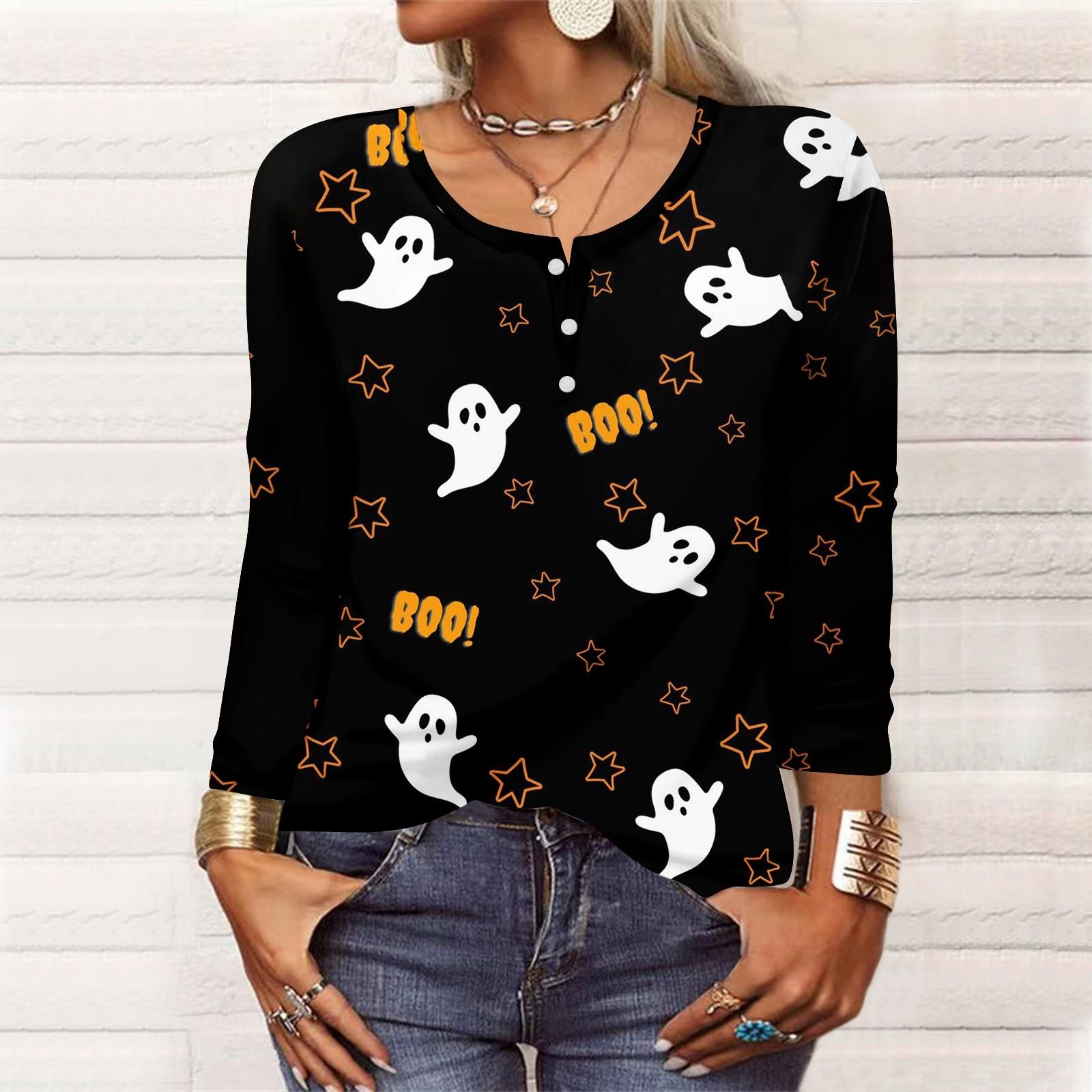 

Рубашки с длинным рукавом для женщин, Хэллоуин с рисунком и графическим принтом, футболки, блузки, повседневные базовые топы больших размеров, пуловер XXXL чёрный