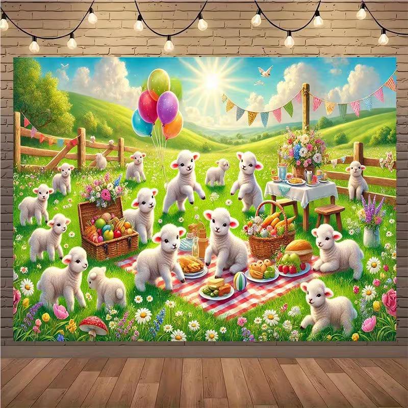 Cute Sheep Picnic Tapestry, Meadow Lamb Cartoon Background Cloth, Kids Room Wall Decor