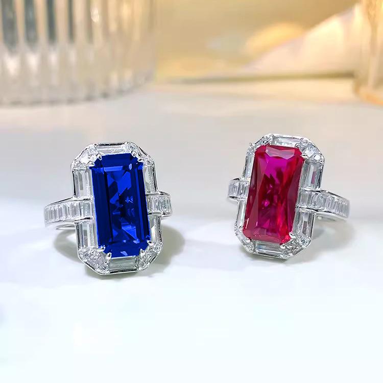 Luxury Red Corundum Pendant with High-Carbon Diamond & Blue Spinel Ring Stud Earrings Gemstone Set for Women