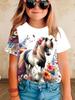 Children's clothing, girls' short-sleeved T-shirts, boys' casual retro horse print children's summer clothing, girls' tops, round neck T-shirts