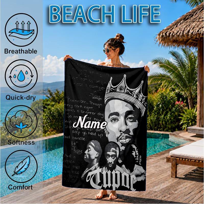 Custom Name Tribute Tupac's Legacy Heart In Space Adventure Microfiber Beach Towel, Lightweight for Summer Travel, Swimming Pool Fan Gift
