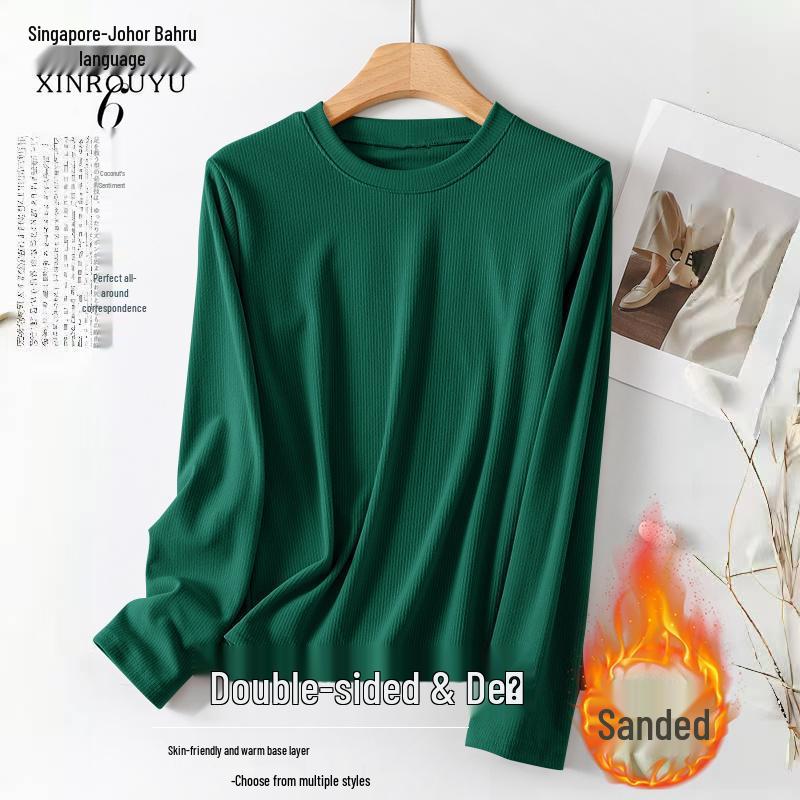 Women's Solid Color Round Neck Fleece T-Shirt - Long-Sleeved and Warm, Perfect for Autumn and Winter Layering.
