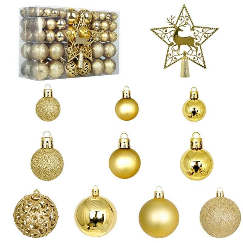 Plastic Christmas Tree Bauble Set, 101-Count Assortment with Mixed Finishes, Varied Ball Styles, and Cutout Star Toppers