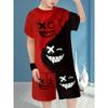 Men'S Summer Casual 3D Print Red & White Cartoon Tee & Shorts Set - Polyester, Short Sleeve, Round Neck