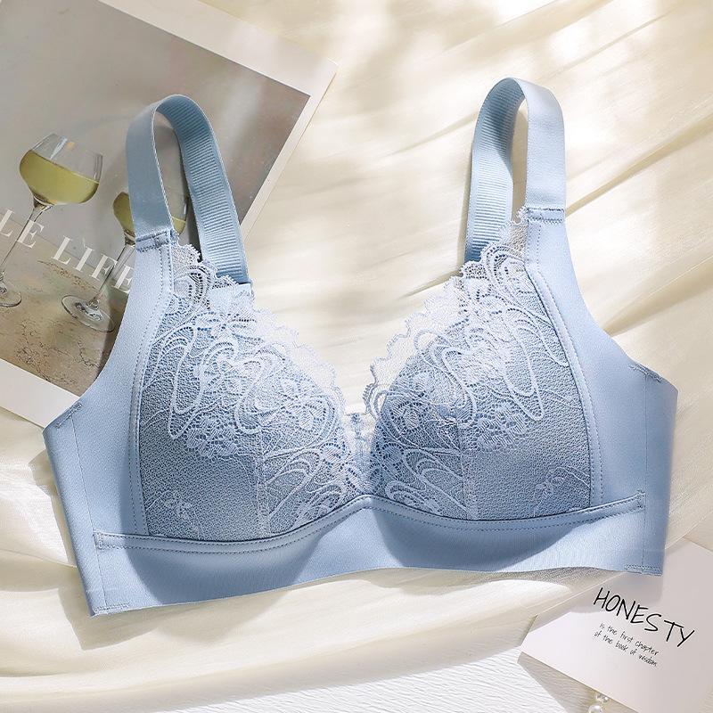 

French triangle cup sexy steel rim thin big chest small lace bra cover gather M небесно-голубой