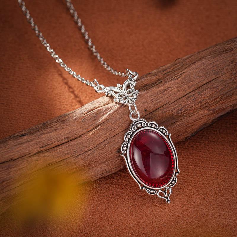 Gotycki krwistoczerwony kwarcowy naszyjnik Charm owalny naszyjnik dla kobiet Halloween wampir tłoczony biżuteria czarownicy Vintage Chokers