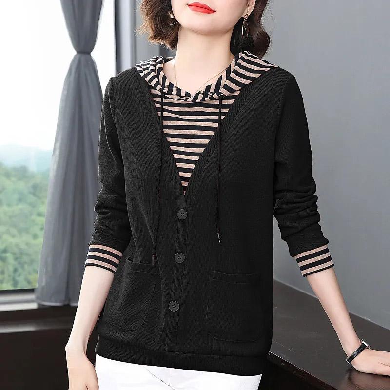 

Женский свитер с капюшоном, осенне-зимний, из двух частей, полосатая футболка с длинными рукавами, большие ярды, повседневные свитера, топы M чёрный