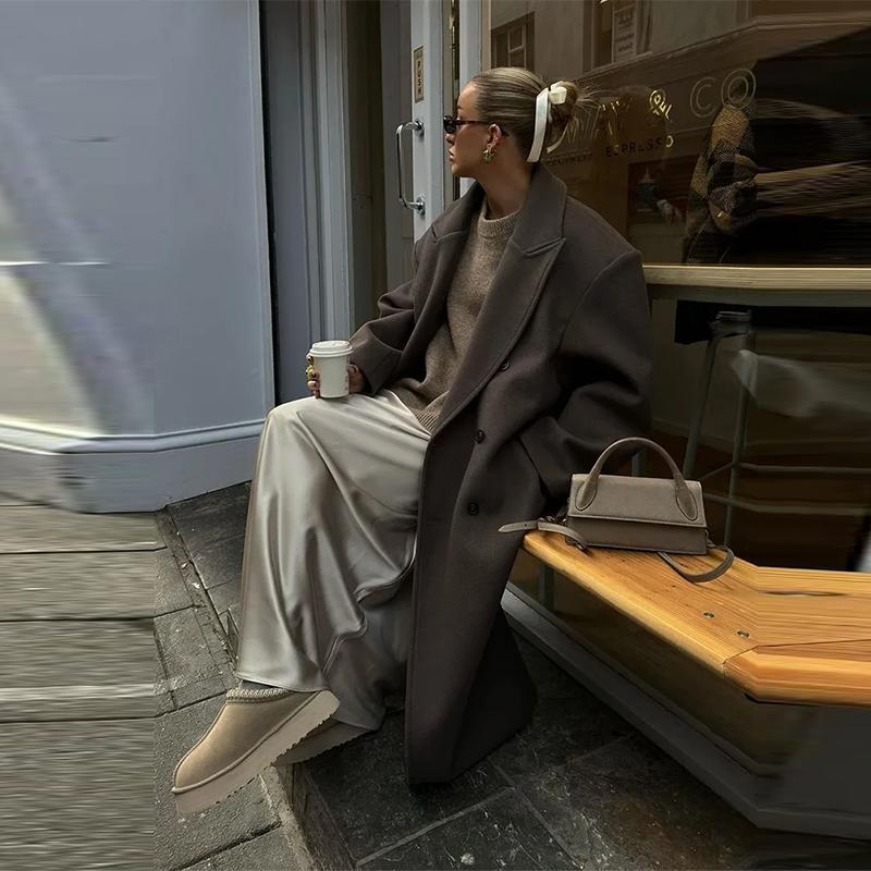 Brown Lapel Woolen Coat Synthetic Fabric Women's Double Breasted Long Sleeve Warm Coat Straight Tube Version Autumn and Winter