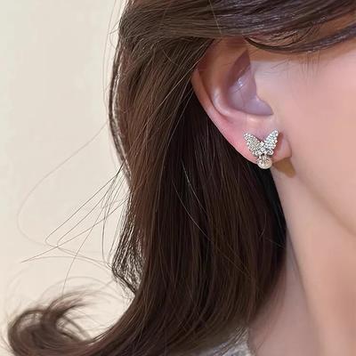 Huitan Dainty Butterfly Stud Earrings with Imitation Pearl Chic Elegant Temperament Party Jewelry Romantic Novel Ear Accessories