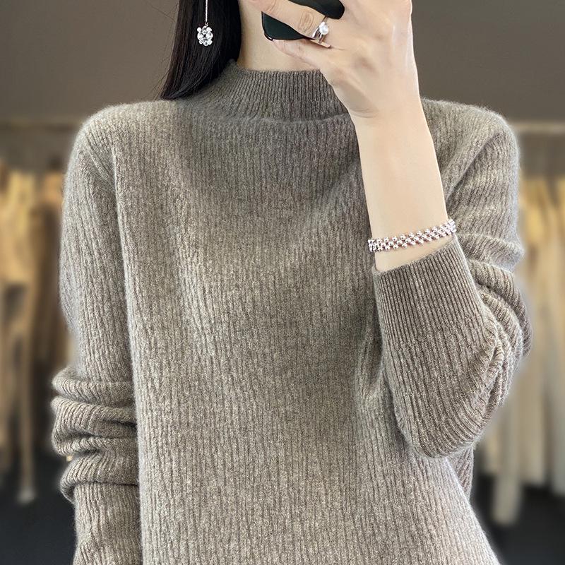 Women's 100% Pure Wool Half-High Collar Sweater - Loose Fit, Solid Color, Versatile Knitwear for Fall/Winter 2024.