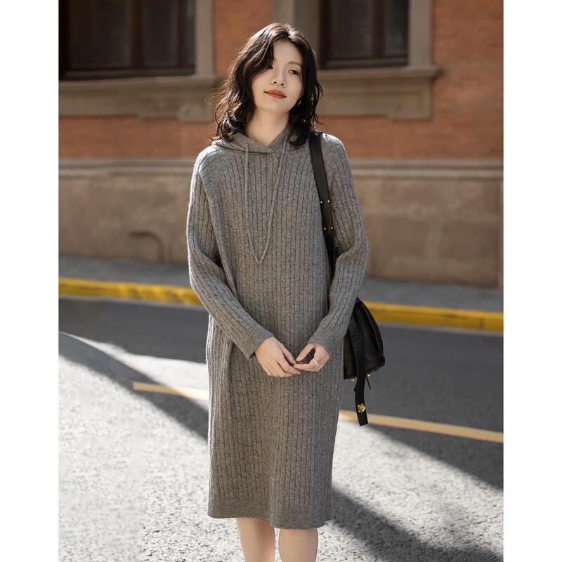 Demana Women's Korean Style Hooded Cable Knit Mid-length Dress