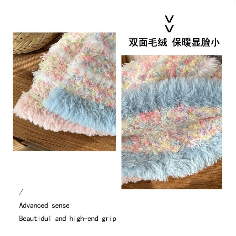 Women S Striped Knitted Bucket Hat Winter Warm Plush Ear Protection Hat