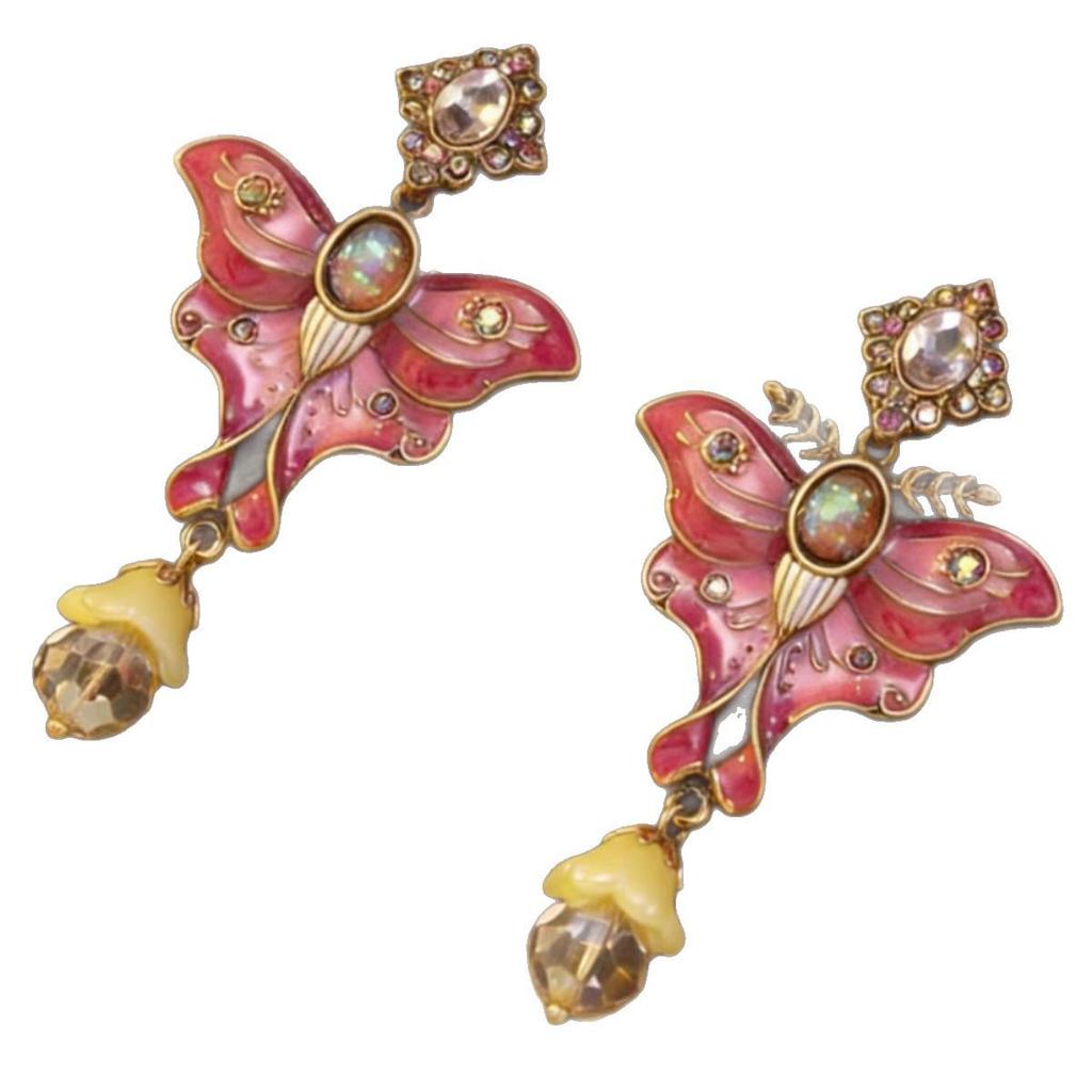 Used Vintage Enamel Butterfly Earrings - Retro French Court Style Pendant Studs